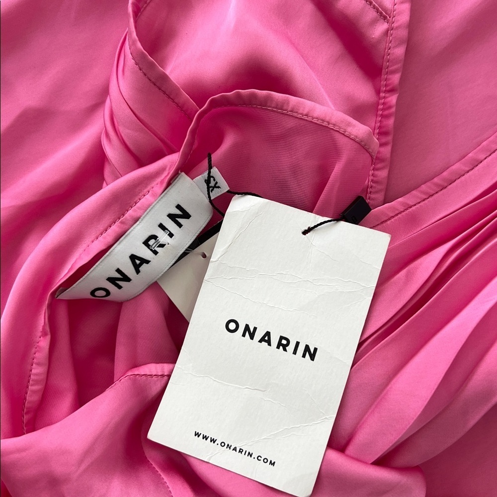 Nwt Onarin Ms. Pleat Silk Halter Midi Dress In Dragonfruit Pink Xs $289 — image 7 of 8